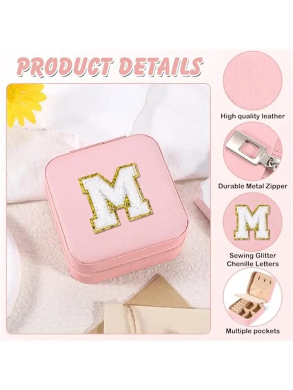 Initial Travel Jewelry Box Organizer Mirror Case PU Leather Storage Pink